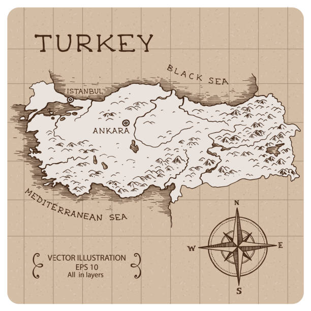 illustrazioni stock, clip art, cartoni animati e icone di tendenza di mappa vintage della turchia. - turkey mediterranean sea mediterranean countries vacations