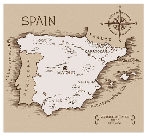 Vintage Map of Spain. Hand drawn vector illustration. vintage maps stock illustrations