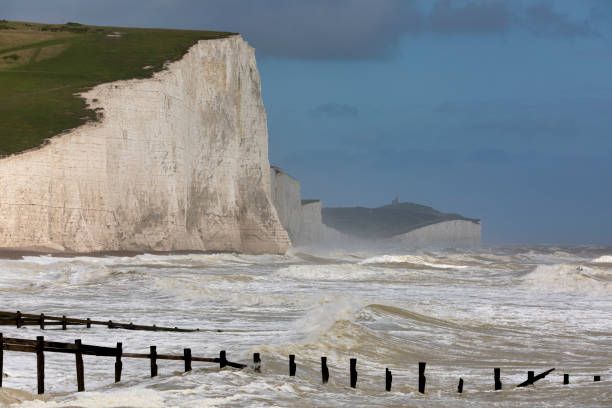 Seven sisters, Cliff and Ocean, famous tourism location and world heritage in south England, Spring outdoor, aerial view landscape