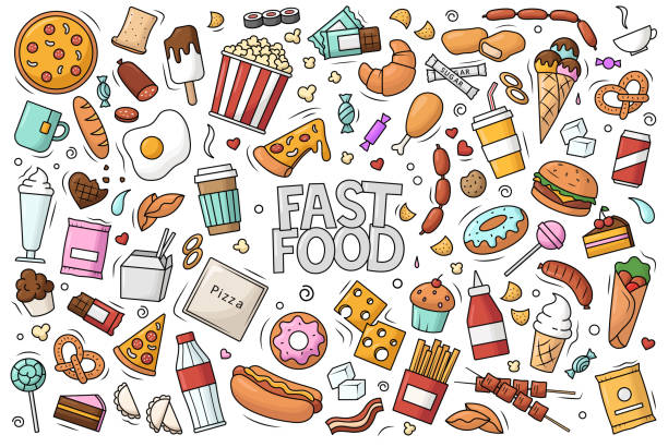 Fast food big set. Vector illustration in doodle style. Fast food big set. Vector illustration in doodle style. street food stock illustrations