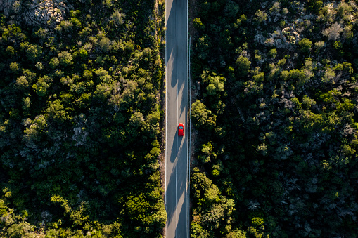View from above, stunning aerial view of a red car moving on a road surrounded by a beautiful green vegetation. Sardinia, Italy.
