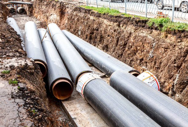 istock Construction works on large iron pipes at a depth of excavated trench 1346411119