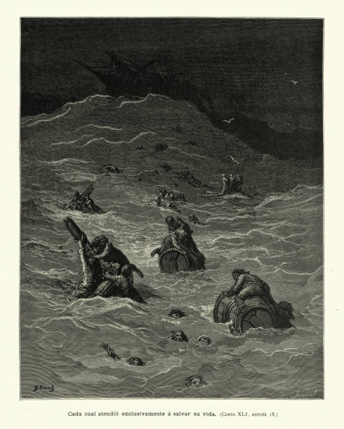 istock Shipwrecked sailors clinging to the wreckage of the ship 1346415770