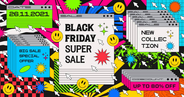 ilustrações, clipart, desenhos animados e ícones de banner de super venda da black friday. ilustração de onda de vapor colorido legal com janela do computador. - faixa web