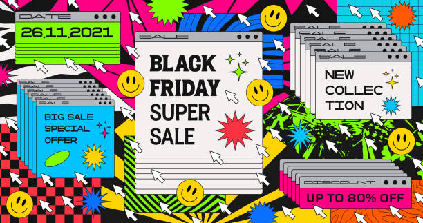 trendy black friday super sale banner. cool colorful vapor wave illustration with computer window. - ok i̇şareti illüstrasyonlar stock illustrations