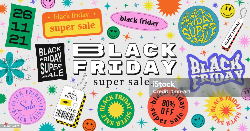 Trendy Black Friday Super Sale Illustration with Cool Stickers. - 免版稅表情符號圖庫向量圖形