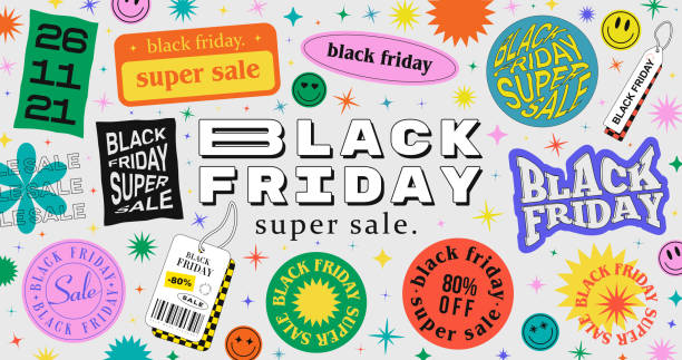 trendy black friday super sale illustration with cool stickers. - 黑色星期五 購物活動 幅插畫檔、美工圖案、卡通及圖標