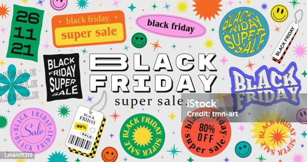 Trendy Black Friday Super Sale Illustration With Cool Stickers向量圖形及更多表情符號圖片