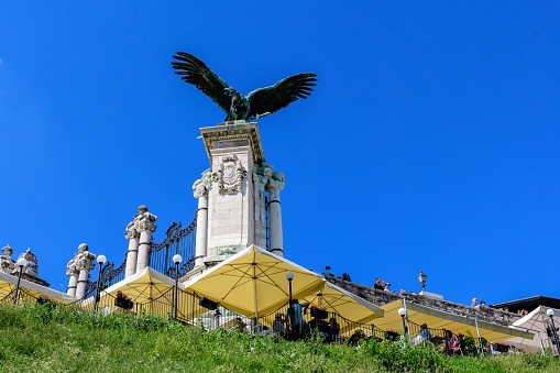 Budapest, Hungary, 9 August 2019: A bronze statue of a turul (a mythical bird or eagle) at Buda Castle that is It is the largest bird statue in Europe, and the largest bronze statue in Central Europe
