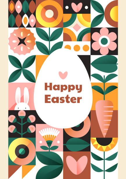 Happy Easter card Happy Easter card. Collection of pictures with unusual patterns, real holiday. Mockup, template, family, happy. Easter egg, flower, plant. Cartoon flat vector illustration isolated on white background easter silhouettes stock illustrations