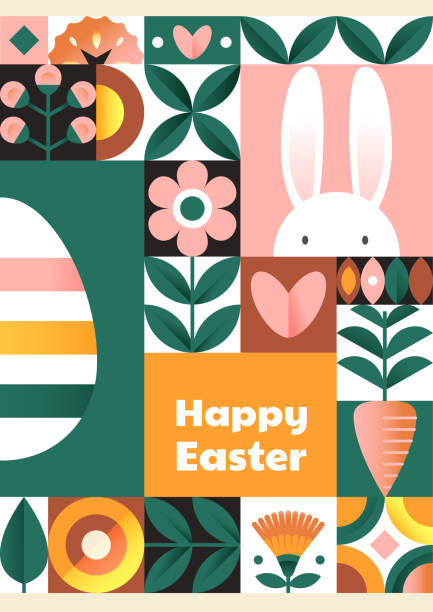 illustrazioni stock, clip art, cartoni animati e icone di tendenza di cartolina di pasqua. design geometrico - easter rabbit easter bunny easter egg