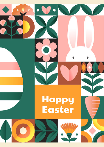 Easter card. Geometric design. Unusual patterns for printing on fabric. Big collection of icons, design of greeting cards, gifts. Cartoon flat vector illustration isolated on white background