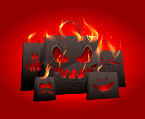 Vector illustration of Burning crazy black paper cartoon bags, halloween sale vector web banner