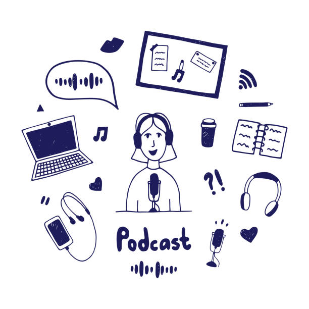 podcast equipment hand drawn set in doodle style podcast equipment hand drawn set in doodle style radio drawings stock illustrations