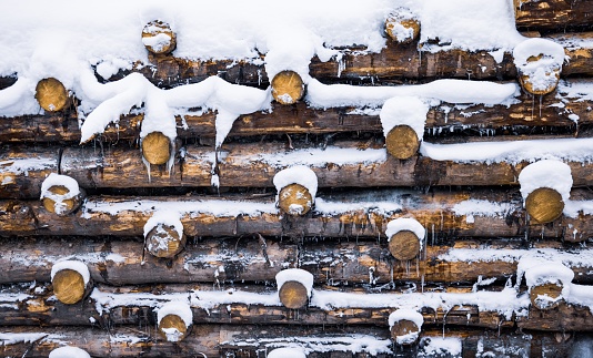 A small wall of small logs background under snow at winter