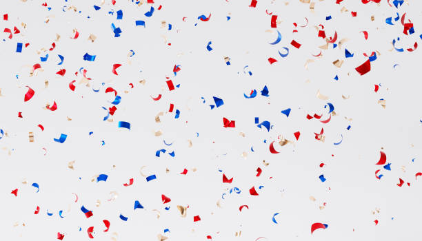 istock Party or celebration holidays background, red, blue and golden confetti, 3d render 1346423650