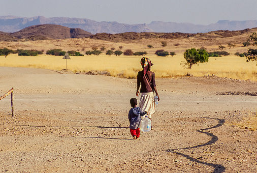Solitaire, Namibia - sept 2002: a mother and her son walk in the Namibian desert near the little town of Solitaire.