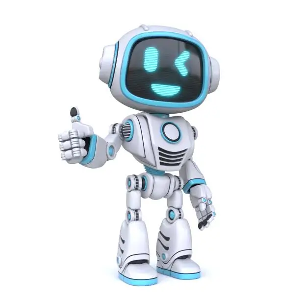 Cute blue robot giving thumbs up 3D rendering illustration isolated on white background