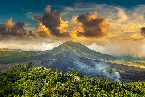 Panoramic view of volcano Batur on Bali, Indonesia in a sunny day