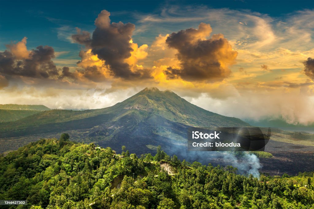 Volcano Batur on Bali Panoramic view of volcano Batur on Bali, Indonesia in a sunny day Gunung Batur Stock Photo