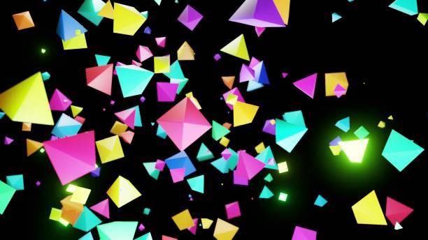 istock 3d render. Abstract festive background with cloud of pyramids flashing neon light randomly. Multi-colored pyramids in the air. 1346428290