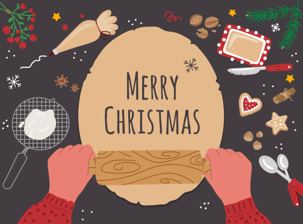 ilustraciones, imágenes clip art, dibujos animados e iconos de stock de preparación para navidad.hands despliega la masa sobre la mesa, tradicional, horneado navideño casero - baked