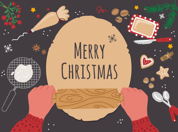 Preparing for Christmas.Hands roll out the dough on the table,traditional,homemade holiday baking Baking cookies for Christmas.Two hands roll out the dough on the table, traditional, homemade holiday baking.Preparing for Christmas. Vector flat illustration on dark background. rolling dough stock illustrations