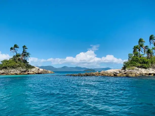 Two small islands in the sea at Angra dos Reis in Brazil