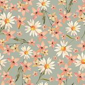 istock watercolor floral pattern with white daisy flowers and orange lilies, hand painted 1346429732