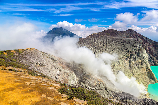 Panoramic aerial view crater of active volcano Ijen, Java island, Indonesia