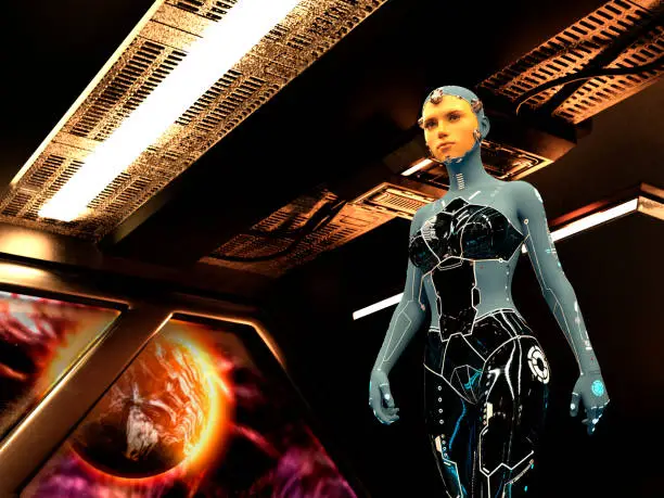 Cyborg with the face of a real young woman in the starship. Conceptual of futuristic bionics and artificial intelligence. 3d rendering