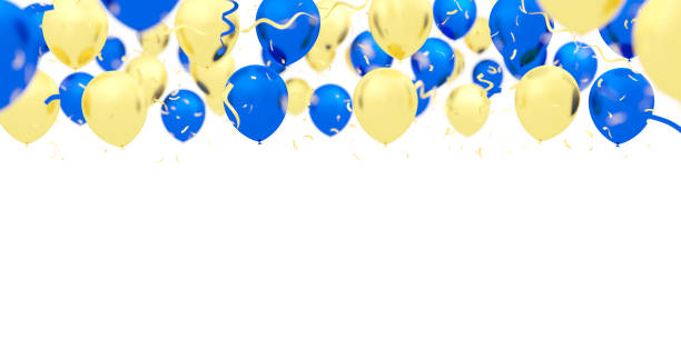 Balloons in color of Ukraine flag yellow and blue colors on a cloudy sky background. No war