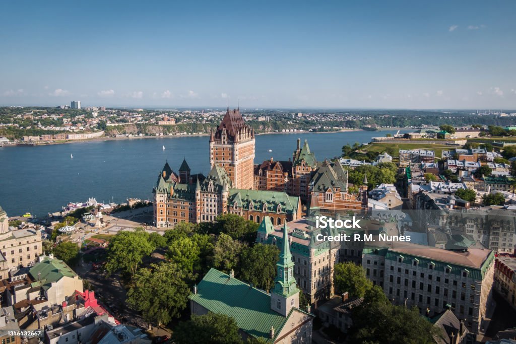 Aerial View of Quebec City in the Summer, Quebec, Canada Aerial view of Quebec City including historical landmark Frontenac castle and Saint Lawrence River during summer in Quebec, Canada. Quebec City Stock Photo