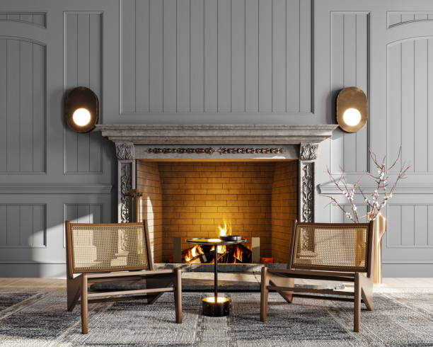 Beautiful dark classic interior with fireplace and chairs
