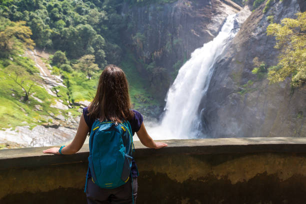 водопад дунхинда на шри-ланке - women sri lanka waterfall rainforest стоковые фото и изображения