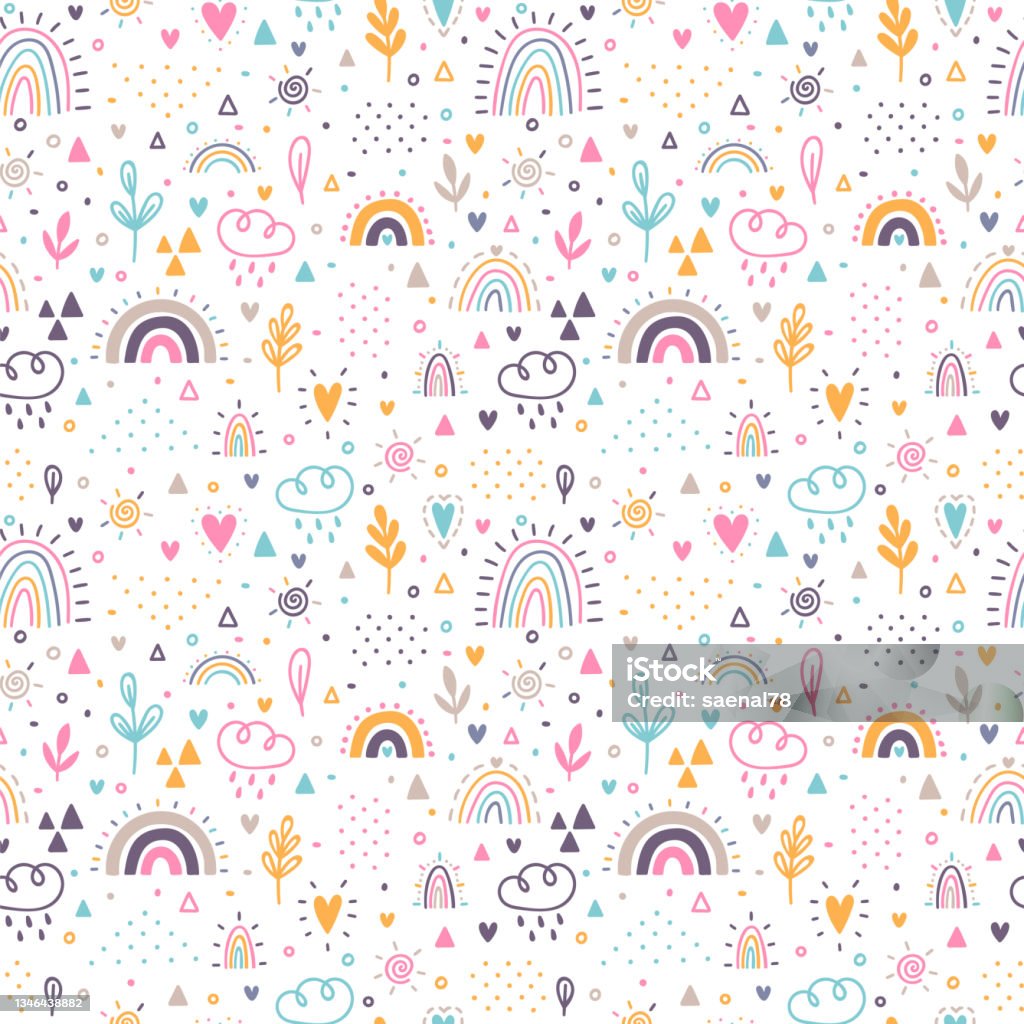 Children Pattern Design Background Hand Drawn Seamless Pattern Childish Background With Rainbows Nursery ...
