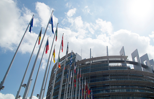 All Flags of the European Union with Blue Sky in Front of the Seat of the European Parliament in Strasbourg, France, Europe on a Sunny Summer Windy Day in August 2021 - The city of Strasbourg in France is the official seat of the European Parliament. The Parliament's five buildings, all named after distinguished European politicians, are located in the Quartier Européen (European Quarter) of the city, which it shares with other European organizations which are separate from the European Union's. Today, the principal building is the Louise Weiss building, inaugurated in 1999.