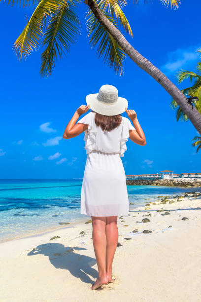 woman standing on the beach - women hawaii islands beach beauty in nature imagens e fotografias de stock