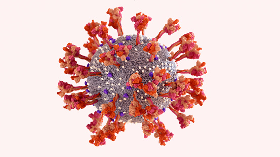 Coronavirus, proteína espiga del SARS-CoV-2 tremendamente flexible. Las espigas se balancean y giran para escanear la superficie celular y unirse a una célula humana. photo
