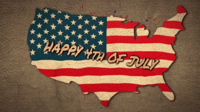 Confetti falling over happy 4th of july text against american flag design on us map