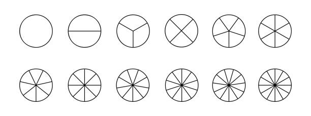 illustrazioni stock, clip art, cartoni animati e icone di tendenza di cerchi divisi in segmenti da 1 a 12 isolati su sfondo bianco. forme di torta o pizza tagliate in parti uguali in stile contorno. esempi di grafici aziendali. illustrazione lineare vettoriale - 5 to 12