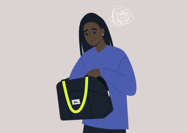 Vector illustration of Young anxious female Black character looking for keys or money in their bag, a daily routine scene