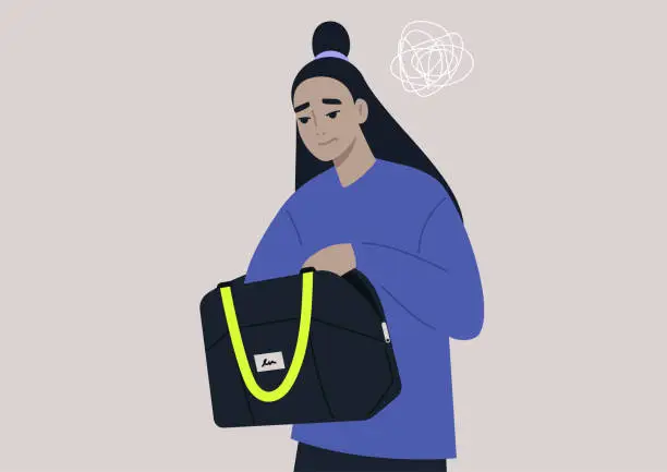 Vector illustration of Young anxious female Asian character looking for keys or money in their bag, a daily routine scene