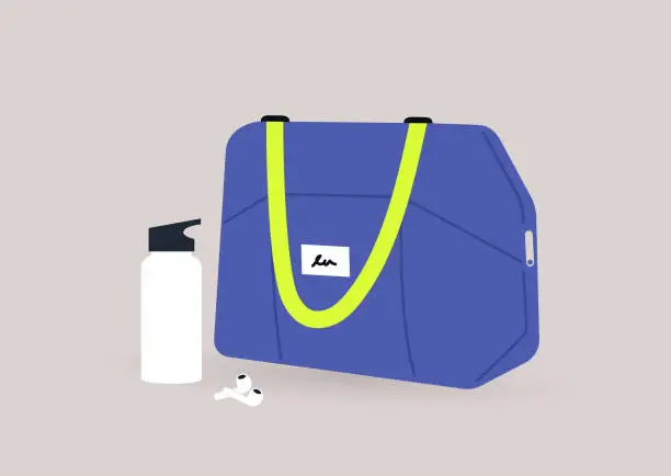 Vector illustration of A set of sport bag, sustainable water bottle and wireless earphones, a workout in the gym