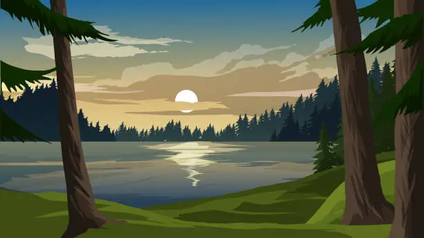 Vector illustration of Beautiful lake at sunset