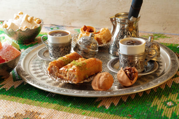 istock Turkish Coffee served with Turkish Delight on metal tray 1346458574