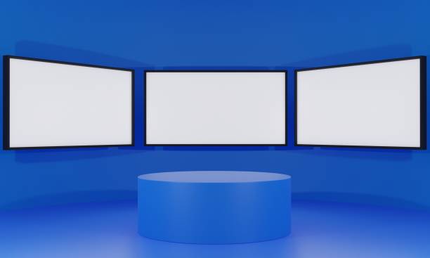 istock white stage and lcd tv background in a news studio room.3d rendering. 1346459896