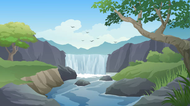 wodospad w lesie - stream river forest waterfall stock illustrations