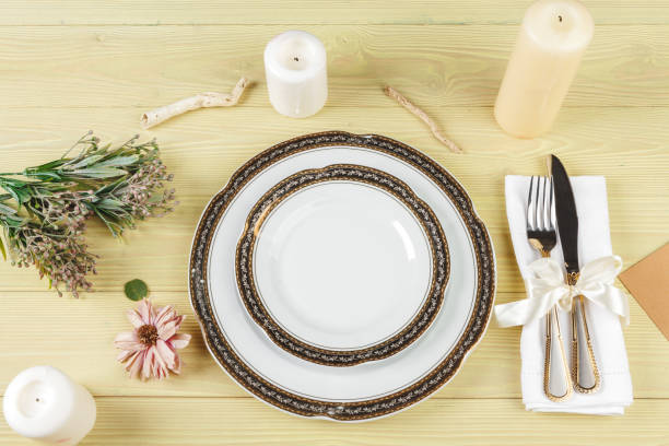 istock Top view of a wedding table setting with decorations 1346460854