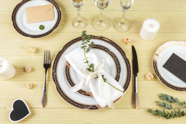 istock Top view of a wedding table setting with decorations 1346460928